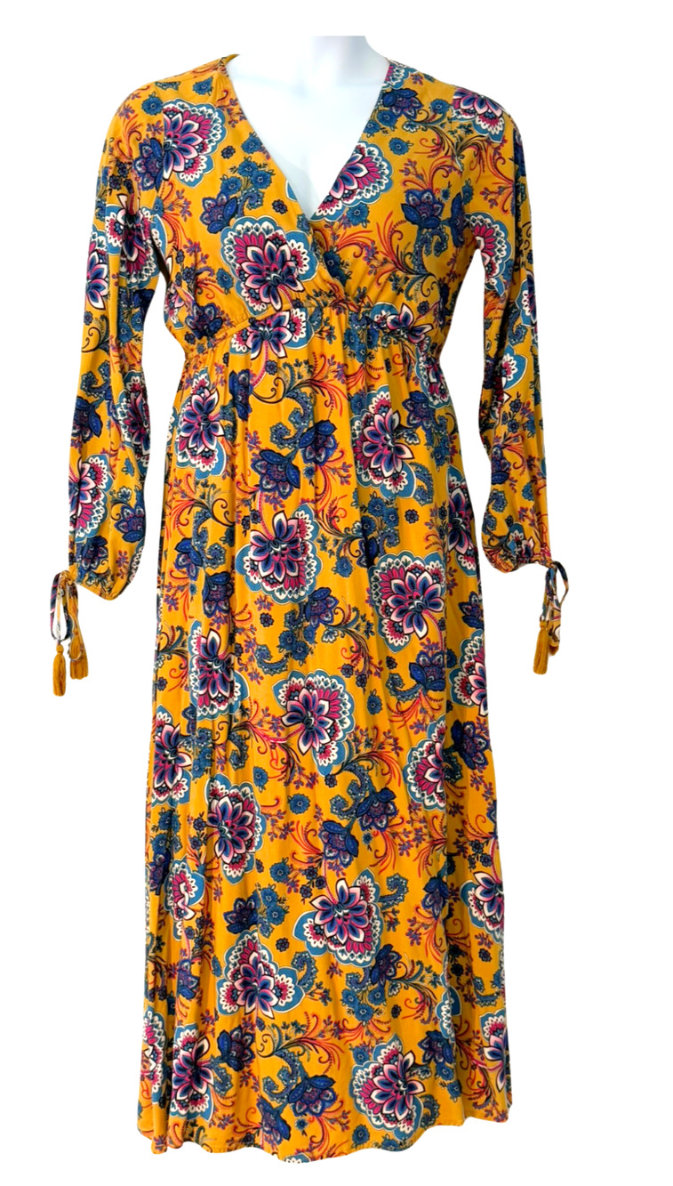 Savanna Jane Sz M V-Neck Maxi Dress Peasant Sleeves Boho Floral Paisley Yellow